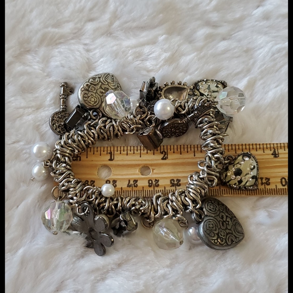 Silvertone stretch bracelet charms crystals beads dangles hearts keys  findings - Picture 4 of 7